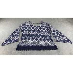IOZ ALI Womens 1X Navy White Geometric Print Bell Sleeve Crochet Trim Top